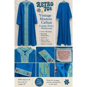 VTG 70s Blue Hostess Caftan Maxi Lounge Dress Boho Grandma Chic Glam